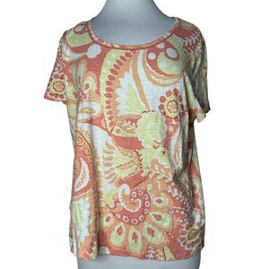 Talbots Women Paisley Print Short Sleeve Pullover Cotton Top Soft Peach 2X Multi